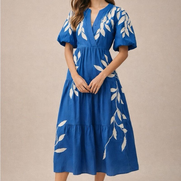 Anthropologie Short Sleeve Embroidery Appliqué Maxi Dress New - Picture 1 of 9